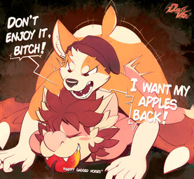 anal anal_penetration angry angry_sex annoyed anthro anthro_on_anthro anthro_penetrated anthro_penetrating anthro_penetrating_anthro apple apple_in_mouth back_wings beanie brown_hair cheek_tuft clothing cross-popping_vein dialogue duo eyes_closed facial_tuft food fruit fur hair half-closed_eyes hat hat_only headgear headgear_only headwear headwear_only male male/male male_penetrated male_penetrating male_penetrating_male membrane_(anatomy) membranous_wings mostly_nude multicolored_body multicolored_fur narrowed_eyes penetration penile penile_penetration penis_in_ass pink_body pink_fur plant profanity rough_sex sex smile smirk smug smug_face speech_bubble tan_body tan_fur text tuft two_tone_body two_tone_fur wings yellow_body yellow_fur dustythebat dusty_mcwari bat canid canine canis domestic_dog herding_dog mammal pastoral_dog welsh_corgi english_text