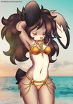 5_fingers anthro beach bikini black_hair blush brown_eyes clothed clothing dialogue female fingers floppy_ears fluffy fluffy_ears freckles fur gold_bikini grey_body grey_fur hair long_ears navel open_mouth plant sea seaside short_hair smile solo swimwear tail text two-piece_swimsuit water white_body white_fur elronya ronya suvi_(elronya) lagomorph leporid mammal rabbit digital_drawing_(artwork) digital_media_(artwork) hi_res