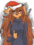 5_fingers anthro breasts brown_eyes brown_hair christmas_clothing christmas_headwear clothed clothed_anthro clothed_female clothing ear_piercing female fingers front_view fur gesture hair hand_gesture hat headgear headwear holidays inner_ear_fluff long_hair looking_at_viewer piercing santa_hat simple_background solo sweater tan_body tan_fur thumbs_up topwear tuft tinygaypirate christmas apogee_(tinygaypirate) canid canine canis domestic_dog mammal 2024 digital_media_(artwork) hi_res