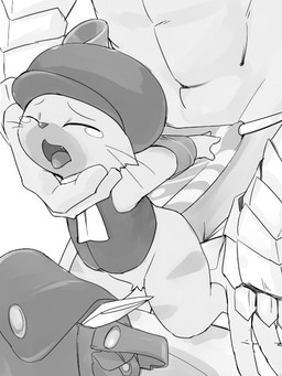 ambiguous_gender anthro arms_tied backpack bodily_fluids bottomless bound captured carrying_another clothed clothing cute_fangs dominant duo faceless_character fangs front_view hands_behind_back hat headgear headwear interspecies larger_dom open_mouth size_difference solo_focus tears teeth tongue manmosu_marimo capcom monster_hunter felid felyne human lynian mammal 3:4 digital_media_(artwork) greyscale monochrome