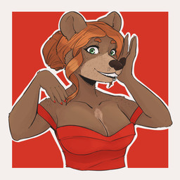 anthro arms_bent big_breasts big_nose biped black_nose border breasts brown_body brown_fur cleavage clothed clothed_anthro clothed_female clothing collarbone colored_nails countershade_face countershade_fur countershade_torso countershading dark_nose dress eyebrows eyelashes facial_piercing female female_anthro fingernails fingers freckled_arms freckled_face freckled_shoulders freckles front_view fur green_eyes grin grinning_at_viewer hair hair_down humanoid_hands iris lip_piercing lip_ring looking_at_viewer low_cut_dress nails off_shoulder orange_eyebrows orange_hair outline outside_border pawpads piercing pose pupils red_background red_clothing red_dress red_fingernails red_nails ring_piercing round_ears simple_background smile smiling_at_viewer snout solo tan_body tan_countershading tan_fur teeth tied_hair whisker_spots white_border white_outline white_sclera katahdin kat_(katahdin) bear mammal 1:1 english_description half-length_portrait hi_res portrait