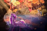 autumn blue_eyes blue_hair duo female feral forest hair horn outside plant pond purple_eyes purple_hair sun_rays tree water wings harwick friendship_is_magic hasbro my_little_pony mythology princess_cadance_(mlp) shining_armor_(mlp) equid equine mammal mythological_creature mythological_equine unicorn winged_unicorn hi_res