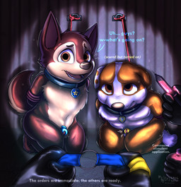 ambiguous_gender anthro arms_tied balls bdsm bondage bound chastity_cage chastity_device clothing collar dialogue drugs duo forced gag genitals group handwear imminent_rape imminent_sex kidnapping kneeling kneeling_on_ground latex latex_clothing latex_handwear male male/male offscreen_character penis questionable_consent ring_gag scared syringe text wearing_chastity_cage wearing_chastity_device young young_anthro murrycurie paw_patrol chase_(paw_patrol) rubble_(paw_patrol) bulldog canid canine canis domestic_dog english_bulldog german_shepherd herding_dog mammal mastiff molosser pastoral_dog absurd_res english_text hi_res