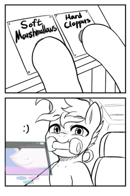 chew_toy male pushbutton smile marenlicious friendship_is_magic hasbro my_little_pony blue_chewings_(oc) fan_character princess_celestia_(mlp) earth_pony equid equine horse mammal pony comic hi_res line_art meme