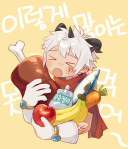 apple banana carrot clothing food fruit gloves hair handwear horn male plant scarf solo vegetable white_hair moch_ka_game bandai_namco digimon digimon_story:_time_stranger aegiomon digimon_(species) humanoid satyr hi_res