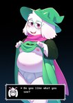 anthro belly blush briefs bulge clothing fur hat headgear headwear horn male overweight pink_eyes robe robe_lift solo text tighty_whities underwear white_body white_briefs white_clothing white_fur white_underwear wizard_hat young tolild deltarune undertale_(series) ralsei bovid caprine goat mammal absurd_res english_text hi_res