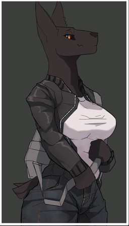 anthro backpack biped black_sclera bottomwear breasts clothing cross_pupils denim denim_bottomwear denim_clothing female fur jacket jeans looking_back muscular muscular_female pants pupils simple_background smile solo symbol-shaped_pupils topwear unusual_pupils con5710 canid canine mammal 2019 4:7 absurd_res hi_res
