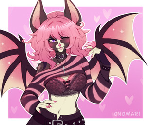 anthro bat_nose belt black_body black_bra black_choker black_clothing black_fur black_jewelry black_necklace black_underwear blush border bottomwear bra bracelet choker clothed clothing colored_nails countershade_face countershade_fur countershade_torso countershading cross cross_necklace eyebrow_through_hair eyebrows eyelashes female fingernails fur hair heart_symbol holding_hair jewelry lace_bra looking_at_viewer membrane_(anatomy) membranous_wings midriff nails navel necklace off_shoulder one_eye_closed pattern_clothing pattern_sweater pattern_topwear pink_background pink_bra pink_clothing pink_fingernails pink_hair pink_nails pink_underwear purple_eyes simple_background skirt solo standing striped_clothing striped_sweater striped_topwear stripes sweater tongue tongue_out topwear touching_hair translucent translucent_hair underwear white_body white_border white_fur wings onomari bat mammal 2025 digital_media_(artwork) hi_res
