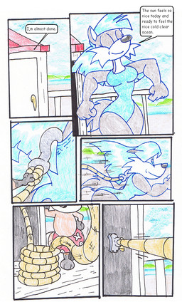 anthro blue_clothing blue_hair clothing duo female hair outside speech_bubble swimwear text virus-20 wendy_wolf_(virus-20) canid canine canis fox mammal wolf 2009 comic
