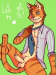 anthro balls biped bottomless brown_hair clothed clothing erection foreskin fur genitals green_background grin hair heart_symbol male necktie open_clothing open_shirt open_topwear orange_body orange_fur partially_retracted_foreskin penis pupils shirt simple_background sitting slit_pupils smile solo text topwear undressing zombbh domestic_cat felid feline felis mammal 2012 digital_media_(artwork) english_text