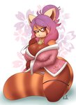 anthro big_breasts blush breasts clothing eyewear female floral_background glasses hair jewelry looking_at_viewer necklace panties purple_eyes purple_hair solo thick_thighs underwear wide_hips jhenightfox seiko_(chewycontroller) ailurid mammal red_panda hi_res