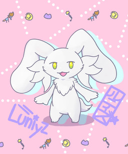 4_fingers abstract_background ambiguous_gender anthro big_ears biped cheek_tuft chibi crescent_moon facial_tuft fingers floppy_ears fur fur_tuft looking_at_viewer monotone_body monotone_fur moon neck_tuft no_pupils noseless nude open_mouth pink_background simple_background simple_eyes smile solo spread_arms staff standing star_rod star_symbol tail text tuft white_body white_ears white_fur white_tail yellow_eyes zeg_yoros luniyz lagomorph leporid mammal rabbit 2022 5:6 absurd_res character_name digital_drawing_(artwork) digital_media_(artwork) english_text hi_res japanese_text smaller_version_at_source male_(lore)