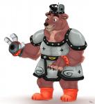 anthro armor boots bottomwear brown_body brown_eyes brown_fur cannon claws clothed clothing eyebrows fingers footwear fur handwear headgear headwear helmet legwear male prosthetic prosthetic_hand ranged_weapon shoes simple_background smile solo standing thick_eyebrows topwear weapon white_background pollech hero:_108 bearstomp bear brown_bear grizzly_bear mammal ursine digital_media_(artwork) hi_res