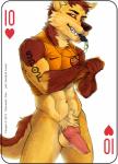 2019 a.s._roma abs animal_genitalia animal_penis anthro balls biceps biped bottomless brown_body brown_fur canid canine canine_genitalia canine_penis canis card card_template clothed clothing coach copyright_symbol digital_media_(artwork) english_text erection fonyaa fur genitals hair hearts_(suit) knot looking_at_viewer male mammal muscular muscular_anthro muscular_male navel nike pecs penis playing_card playing_card_template red_eyes shirt simple_background smile solo standing symbol teeth ten_of_hearts text text_on_body text_on_clothing text_on_shirt text_on_topwear topwear whistle_(object) white_background wolf