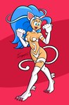 animal_ears animal_tail big_hair blue_eyes blue_hair breasts claws fangs female fur hair long_hair naturally_censored navel open_mouth open_smile pink_background pink_claws pupils simple_background slit_pupils small_breasts smile solo tan_body tan_skin teeth white_body white_fur wide_hips squibbleink capcom darkstalkers felicia_(darkstalkers) animal_humanoid cat_humanoid felid felid_humanoid feline feline_humanoid humanoid mammal mammal_humanoid hi_res