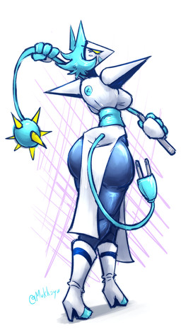 4_fingers anthro big_breasts big_butt blue_body blue_ears blue_hair blue_tail breasts butt clothing cord_tail dress electrical_plug electrical_plug_tail empty_eyes eyelashes female fingers floating_hands footwear hair looking_at_viewer machine multicolored_body open_mouth rear_view shoes slit_dress solo tail two_tone_body whip white_body white_clothing white_dress white_footwear white_shoes wide_hips yellow_sclera mokkoyu deltarune undertale_(series) tasque_manager darkner domestic_cat felid feline felis mammal robot 2025 absurd_res hi_res