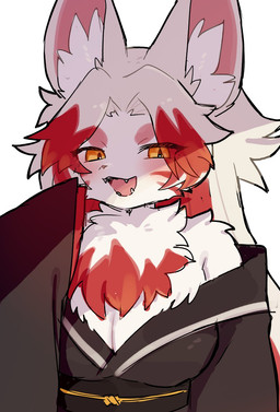 anthro asian_clothing bare_shoulders big_ears black_clothing black_kimono blush blush_lines breasts cheek_markings chest_tuft circle_eyebrows cleavage clothed clothing cute_fangs east_asian_clothing eyebrows eyelashes facial_markings fangs female female_anthro fluffy front_view fur hair head_markings inner_ear_fluff japanese_clothing kemono kimono long_hair looking_at_viewer markings medium_breasts multicolored_body multicolored_fur multicolored_hair obi obijime open_mouth open_smile pink_inner_ear pupils red_body red_fur red_hair red_markings simple_background smile solo teeth tuft two_tone_body two_tone_fur two_tone_hair white_background white_body white_ears white_fur white_hair white_inner_ear_fluff yellow_eyes spommmm canid canine fox mammal colored digital_media_(artwork) half-length_portrait hi_res portrait shaded