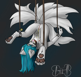 9_tails anthro anus bdsm bodily_fluids bondage bound cuff_(restraint) dark feet female genital_fluids genitals high-angle_view hindpaw locks multi_tail pawpads paws peeing peeing_on_self restraints rope shackles simple_background solo submissive submissive_female suspension tail urine urine_on_face urine_on_self urine_stream vulva watersports fuzzywuff canid canine fox mammal hi_res