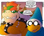 anthro claws clothing crossed_arms dialogue duo eyewear glasses hair hat headgear headwear horn male red_eyes red_hair smile speech_bubble text nicolasgravelqc mario_bros nintendo bowser kamek koopa scalie english_text hi_res signature