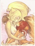 anthro big_breasts blonde_hair breasts brown_hair duo eyes_closed female female/female fur hair hug nipples nude orange_body orange_fur romantic romantic_couple tail savannah_horrocks cream_(miu) peaches_(miu) mammal rodent sciurid tree_squirrel absurd_res hi_res traditional_media_(artwork)