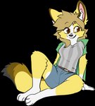 anthro blazer bottomwear brown_eyes clothed clothing female fur shirt shorts solo t-shirt topwear yellow_body yellow_fur alloplush audri_(sleekhusky) canid canine canis domestic_dog fennec_fox fox herding_dog mammal pastoral_dog true_fox welsh_corgi alpha_channel hi_res