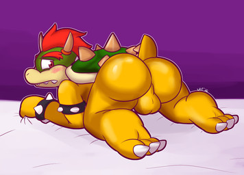 3_toes anthro armband backsack balls big_butt black_armband black_bracelet bracelet bubble_butt butt claws feet genitals grabbing_sheets gradient_background green_body green_scales hair jewelry looking_back male nude overbite purple_background raised_tail red_eyes red_hair scales sharp_teeth shell simple_background solo spiked_armband spiked_bracelet spikes spikes_(anatomy) tail tan_body tan_scales teeth toe_claws toes white_claws yellow_balls yellow_body yellow_scales ultilix mario_bros nintendo bowser koopa scalie 2020 hi_res