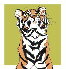 ambiguous_gender black_body black_fur border cheek_tuft facial_tuft feral front_view fur green_background green_eyes inner_ear_fluff looking_up mouth_closed neck_tuft orange_body orange_fur red_nose simple_background solo striped_body striped_fur striped_neck stripes tuft unsigned whiskers white_body white_border white_fur white_inner_ear_fluff justkiddinb felid mammal pantherine tiger bust_portrait hi_res portrait