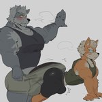 anthro anthro_on_anthro areola barazoku bent_over biceps big_bulge big_butt big_muscles big_penis blush bodily_fluids bottomwear breath bulge butt claws clothed clothed_sex clothing duo emanata erection erection_under_clothing exercise eye_patch eyebrows eyewear frown fur genitals grinding hair huge_bulge huge_muscles huge_penis humanoid_genitalia humanoid_penis male male/male muscular muscular_anthro muscular_male pecs penis sex sexercise shirt shorts side_view simple_background size_difference standing stretching surprised_expression sweat tank_top tenting thick_arms thick_thighs tight_clothing topwear tuft white_background akachionmain nintendo star_fox fox_mccloud wolf_o'donnell canid canine canis fox mammal wolf 2025 hi_res