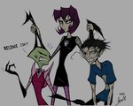 antennae_(anatomy) bottomwear bruised bruised_face clothing eyewear female glasses gloves group hair handwear male male/female pulling_hair purple_hair skirt touching_hair trio darkryn_(artist) invader_zim nickelodeon dib_membrane gaz_membrane zim_(invader_zim) alien human humanoid irken mammal