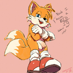 2_tails anthro balls big_balls big_penis biped clothing cocky confident confident_male crossed_legs dialogue flaccid foreskin fur genitals glans gloves handwear humanoid_genitalia humanoid_penis male mostly_nude multi_tail nude penis shota small_but_hung smug solo standing tail talking_to_viewer white_body white_fur yellow_body yellow_fur young young_anthro young_but_hung young_male oddscreen sega sonic_the_hedgehog_(series) miles_prower canid canine fox mammal 1:1