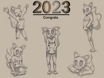 2023 3_toes 4:3 barefoot bottomless clothed clothing domestic_cat enine feet felid feline felis female grey_background hi_res hoodie hoodie_only humanoid lying machine mammal multiple_poses new_year_2023 number_on_clothing paws plantigrade pose robot shatterstone simple_background sitting smile solo standing toes tongue topwear topwear_only young