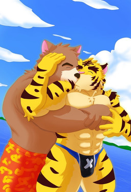 abs anthro clothed clothing cloud detailed_background duo fur kissing landscape male male/male pecs pink_nose sky slightly_chubby slightly_chubby_male speedo speedo_only striped_body striped_fur stripes swimwear topless wo morenatsu juuichi_mikazuki torahiko_(morenatsu) bear felid mammal pantherine tiger 2023
