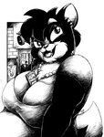 anthro big_breasts breasts clothing electronics fangs female fur headphones huge_breasts jewelry multicolored_body multicolored_fur necklace open_mouth overweight overweight_anthro overweight_female portable_music_player solo teeth thick_thighs topwear two_tone_body two_tone_fur drake_fenwick apple_inc. ipod misty_the_mouse whitney_(dutch) domestic_cat felid feline felis mammal 2008 monochrome