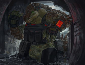 anthro armor building building_destruction bunker claw_marks claws clothed clothing destruction extreme_size_difference finger_claws fingerless_gloves fingers gear gloves green_body green_eyes handwear macro male muscular muscular_anthro muscular_male pecs size_difference solo suit tail teeth topwear tunnel water elkaart carnak_(carpo) crocodile crocodilian reptile scalie hi_res
