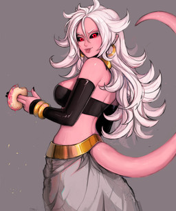 arm_warmers armwear black_nails black_sclera bracelet breasts butt butt_pose clothing colored_nails dessert doughnut ear_piercing fangs female food gesture gold_(metal) gold_jewelry grey_background hair holding_food holding_object humanoid_pointy_ears jewelry long_hair looking_at_viewer nails neck_ring not_furry pastry piercing pink_body pink_skin pink_tail pointy_ears pose red_eyes sex_gesture simple_background solo standing suggestive suggestive_gesture tail teeth tongue tongue_out white_hair fiship dragon_ball dragon_ball_fighterz android_21 majin_android_21 alien alien_humanoid humanoid majin 2018 absurd_res hi_res signature