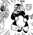 anthro bodily_fluids crouching dialogue duo egg female holding_egg holding_object parody sweat text blarf022 jojo's_bizarre_adventure sherry_bear_(blarf022) vranda_von_bat_(blarf022) bat bear honduran_white_bat leaf-nosed_bat mammal microbat yangochiropteran 2025 absurd_res black_and_white english_text hi_res monochrome