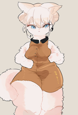 anthro blue_eyes breasts clothing collared_dress eyelashes female fur grey_background hair navel_outline simple_background sleeveless_clothing solo tail tan_dress thick_thighs tight_clothing white_body white_fur white_hair osakanasankan domestic_cat felid feline felis mammal hi_res