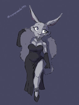 anthro armwear boa_(clothing) clothing dark_clothing dress elbow_gloves elegant_dress female footwear gem gloves handwear high_heels jewelry mature_female necklace pearl_(gem) pearl_necklace shoes slit_dress solo sr_empanada lagomorph leporid mammal rabbit 3:4 hi_res