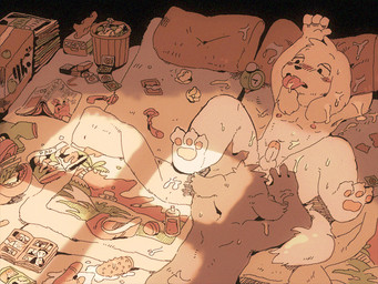 alarm_clock anal anthro balls bedding bedroom blanket blush bodily_fluids brown_body brown_fur claws clock condom cum cum_on_body cum_on_ear cum_on_tongue dripping duo erection feet floppy_ears fur genital_fluids genitals half-closed_eyes high-angle_view hindpaw humanoid_genitalia humanoid_penis inside looking_down lube lying male male/male male_penetrated male_penetrating male_penetrating_male narrowed_eyes nipples nude on_back on_front oral paws penetration penis pillow rimming sex sex_toy sexual_barrier_device spread_legs spreading tissue tongue tongue_out white_body white_fur young young_anthro rokuyon canid canine canis domestic_dog mammal 2015 4:3 digital_media_(artwork)