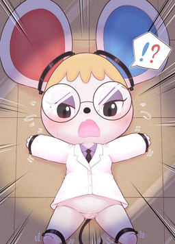 anthro bdsm blush bodily_fluids bondage bottomless bound chibi clothed clothing coat detailed_background exclamation_point eyewear female genitals glasses heart_censor heart_symbol lab_coat question_mark solo sweat topwear vulva young young_anthro young_female kajiura animal_crossing nintendo petri_(animal_crossing) house_mouse mammal mouse murid murine rodent censored adult_(lore)