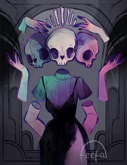 3_heads 6_hands bone clothing dress female floating_arms floating_hands for_a_head multi_hand multi_head not_furry skull skull_head solo teeth topwear feefal humanoid mammal digital_media_(artwork) hi_res signature