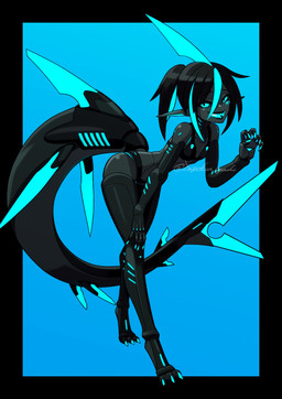 black_body blue_background blue_eyes blue_fin blue_mouth female humanoid_pointy_ears leaning leaning_forward looking_at_viewer machine markings pointy_ears shark_tail shark_teeth sharp_teeth simple_background solo teeth toipokun_oyashi aquatic fish humanoid robot robot_humanoid shark absurd_res hi_res