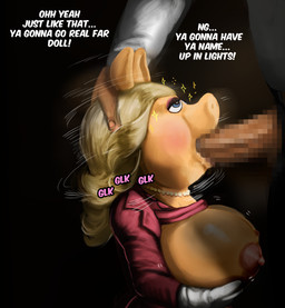 anthro big_breasts blonde_hair blue_eyes breasts duo eyeshadow fellatio female gem genitals hair hand_on_head jewelry long_hair makeup male male/female necklace nipples oral pearl_(gem) pearl_necklace penile penis sex text jaguarart muppets miss_piggy domestic_pig human mammal suid suine sus_(pig) absurd_res english_text hi_res