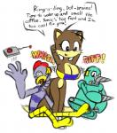 anthro big_breasts bottomless bouncing_breasts breasts brown_body brown_fur cleavage clothed clothing crossgender drill drill_arm drill_nose female fur group huge_breasts machine male text topwear tube_top weaponized_breasts norithics adventures_of_sonic_the_hedgehog sega sonic_the_hedgehog_(series) grounder_(adventures_of_sonic_the_hedgehog) miles_prower scratch_(adventures_of_sonic_the_hedgehog) avian bird canid canine chicken fox galliform gallus_(genus) mammal phasianid robot english_text