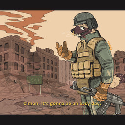 ak-12 ak_platform anthro armor armor_plates assault_rifle city city_background city_destruction clothing destruction dialogue facial_piercing gloves gun handwear headgear helmet holding_gun holding_object holding_ranged_weapon holding_rifle holding_weapon looking_at_viewer male military nose_piercing nose_ring open_mouth piercing ranged_weapon rifle ring_piercing rubble smile smiling_at_viewer soldier solo street_sign tail teeth teeth_showing text warrior weapon wearing_helmet mawkvlt 1:1 absurd_res hi_res