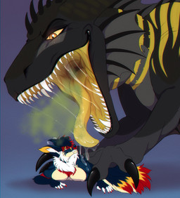 ambiguous_gender anthro black_body black_claws blue_body blue_fur blue_hair bodily_fluids burping claws duo female feral fur glistening glistening_eyes grey_body hair imminent_oral_vore imminent_vore multi_tail multicolored_hair narrowed_eyes nude orange_eyes red_body red_eyes red_fur red_hair saliva saliva_string sharp_teeth simple_background tail teeth two_tone_hair unsigned white_body white_fur yellow_body yellow_fur yellow_sclera santanahoffman mythology canid dragon mammal mythological_creature mythological_scalie scalie hi_res