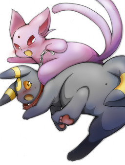 ambiguous_gender anus bdsm black_body black_fur blush bodily_fluids bondage bound butt chain collar duo featureless_crotch feral fur leash looking_back open_mouth pawpads paws pink_body pink_fur pink_pawpads quadruped raised_leg red_eyes riding side_view simple_background studded_collar studs sweat sweatdrop tail white_background yellow_eyes azuma_minatsu nintendo pokemon eeveelution espeon generation_2_pokemon pokemon_(species) umbreon 2012 digital_media_(artwork)
