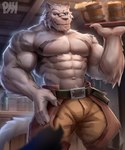 abs absurd_res anthro biceps blue_eyes bottomwear claws clothed clothing digital_media_(artwork) felid fur grimoire_of_zero hi_res looking_at_viewer male mammal mercenary_(grimoire_of_zero) muscular muscular_anthro muscular_male pantherine pants pecs physen smile solo striped_body stripes tail tiger topless white_body white_fur