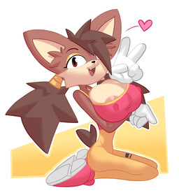 anthro areola areola_slip big_breasts bottomwear breasts brown_body brown_eyes brown_hair clothing female footwear gesture gloves hair hand_gesture handwear heart_symbol huge_breasts kneeling looking_at_viewer nipple_outline open_mouth pants shoes simple_background smile solo tail topwear v_sign white_background white_clothing white_gloves white_handwear freshlysqueezed species_request 2025 digital_media_(artwork) hi_res