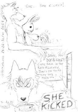 anthro bath bathing bathtub belly big_belly breasts cellphone dialogue duo electronics eye_scar facial_scar female fetal_movement fur hand_on_belly interspecies interspecies_pregnancy larger_male male male/female married_couple nipples nude partially_submerged phone predator/prey pregnant pregnant_anthro pregnant_female romantic romantic_couple scar size_difference smaller_female smartphone text texting water wet wet_body wet_fur yelling asthexiancal beastars haru_(beastars) legoshi_(beastars) canid canine canis domestic_rabbit dwarf_rabbit lagomorph leporid mammal oryctolagus rabbit wolf 2021 black_and_white english_text hi_res monochrome traditional_media_(artwork)